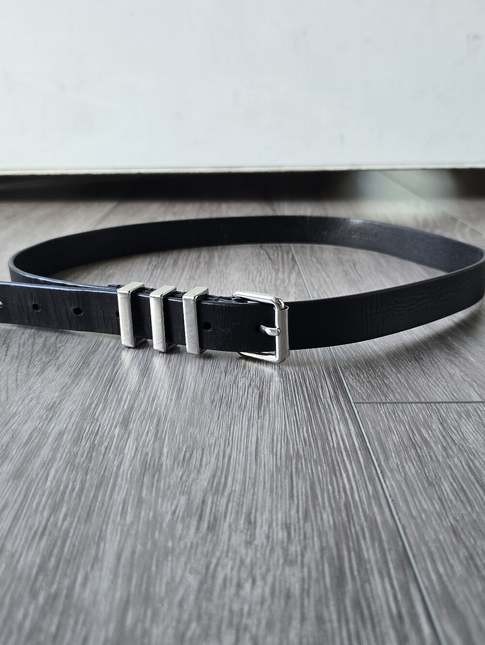 Rebecca Minkoff Suzy Black Leather Belt Silver Triple Keeper Roller Buckle Sz L